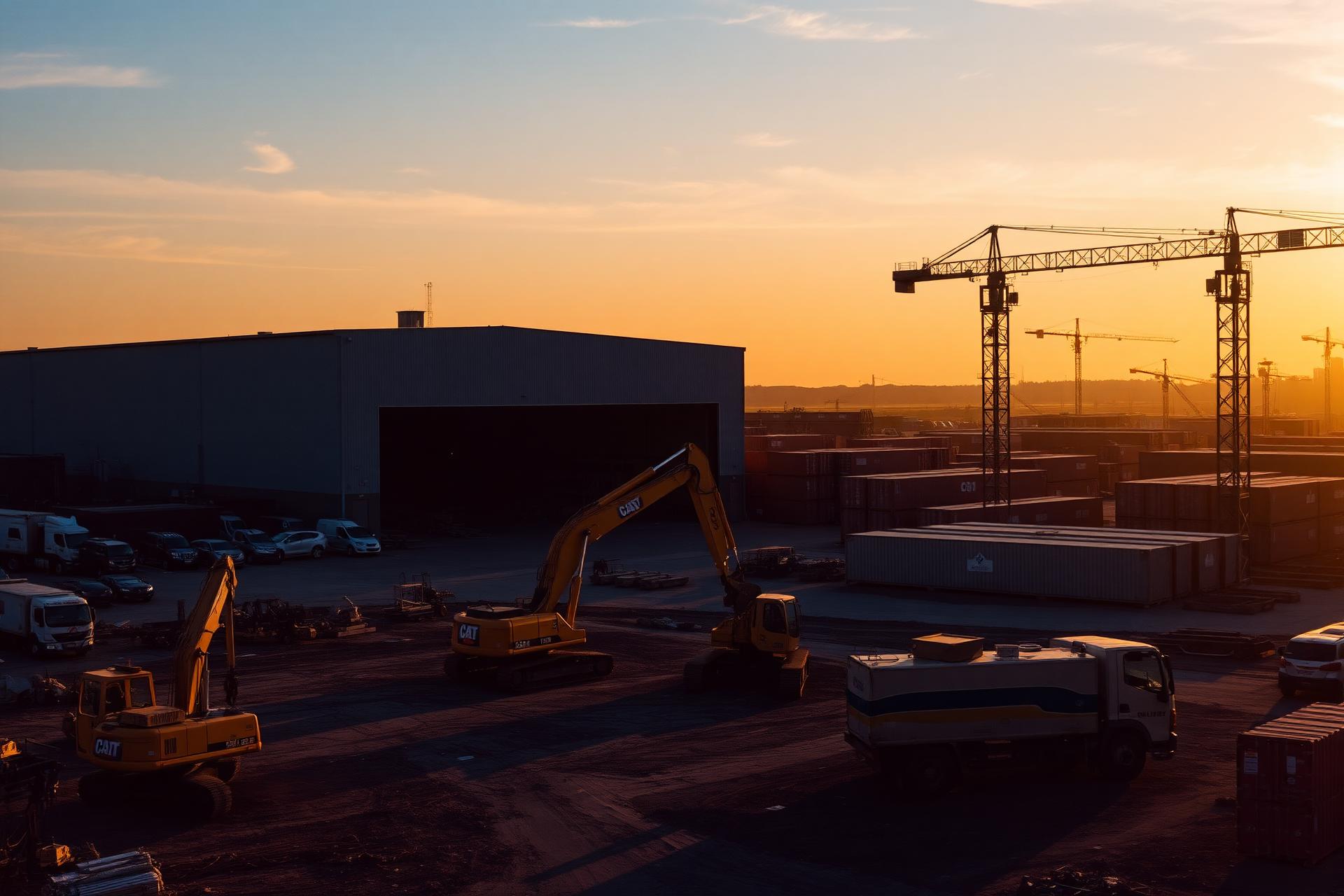 Industrial equipment yard at golden hour with cranes and shipping containers